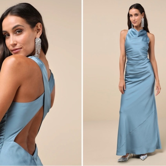 LULU's Prom Wedding Bridesmaid Elegant Romantic Satin Sexy Cowl Neck Maxi Dress - Picture 3 of 4